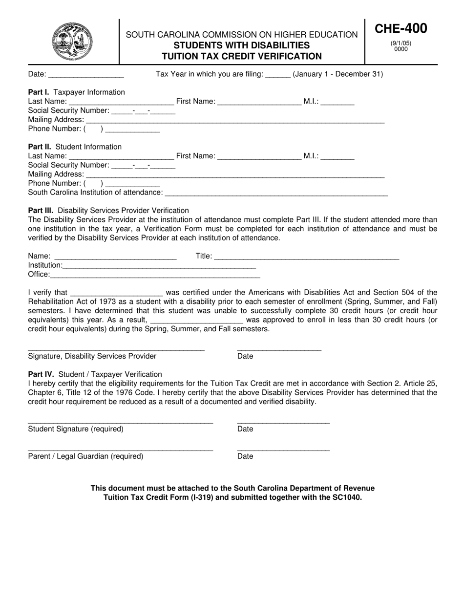 Form CHE-400 Students With Disabilities Tuition Tax Credit Verification - South Carolina, Page 1