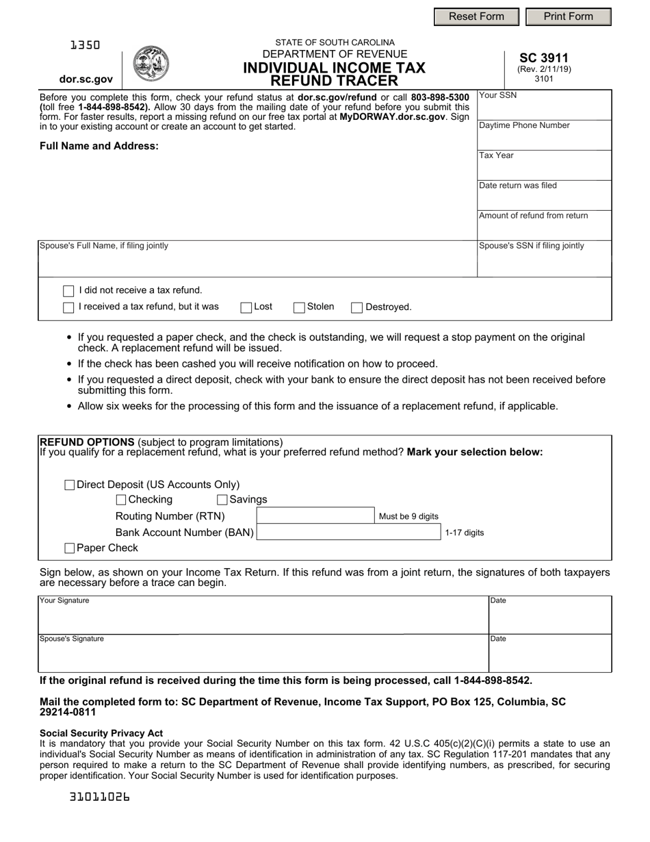 Form SC3911 Individual Income Tax Refund Tracer - South Carolina, Page 1