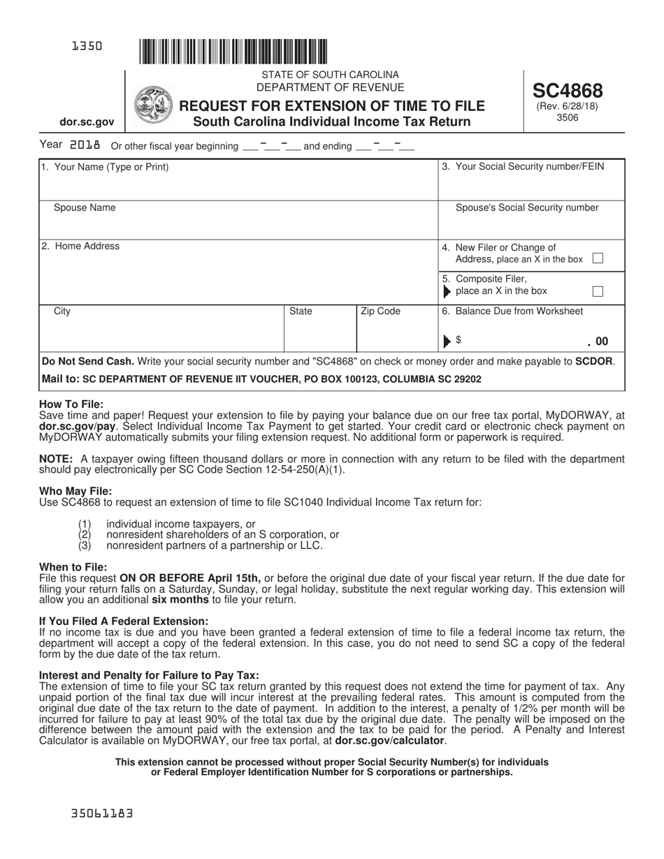 Form SC4868 Request for Extension of Time to File - South Carolina, Page 1