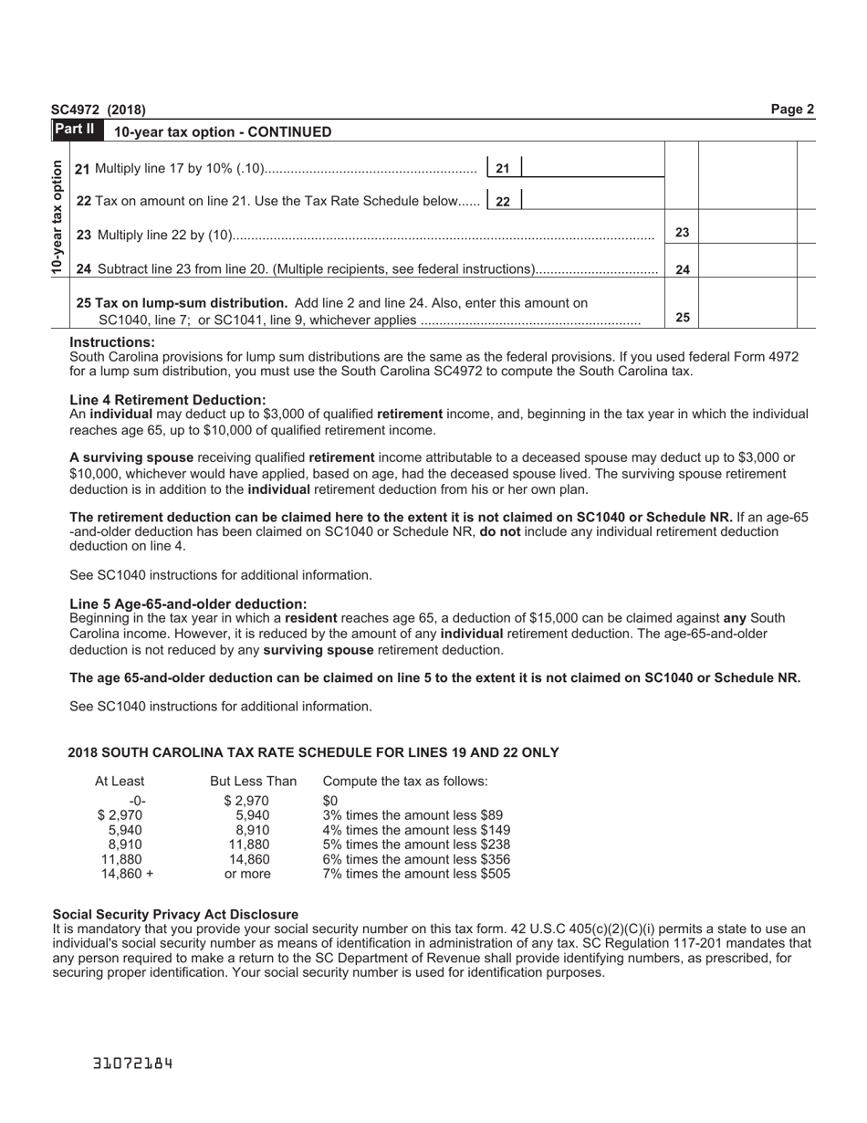 Form SC4972 Tax on Lump-Sum Distributions - South Carolina, Page 2