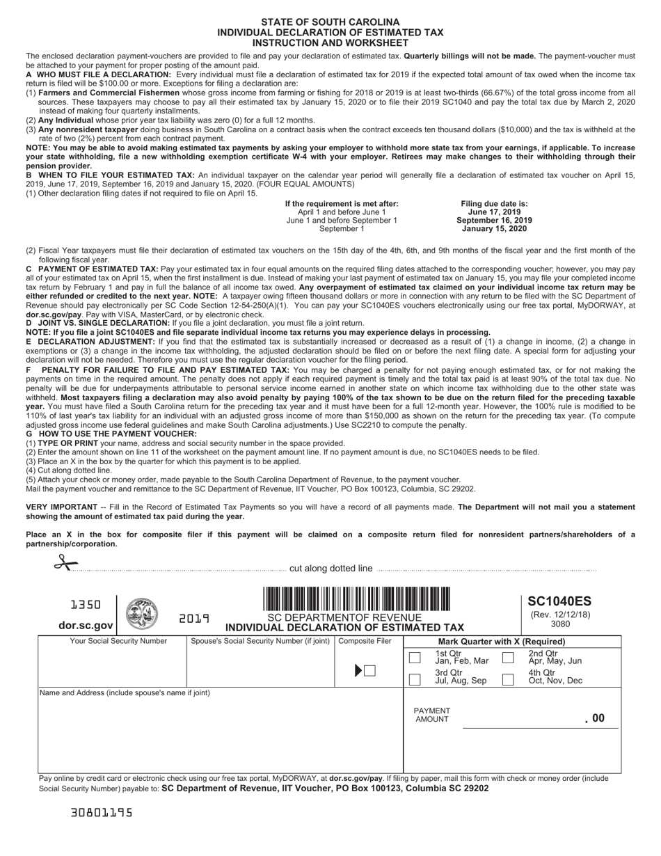 Form SC1040ES Individual Declaration of Estimated Tax - South Carolina, Page 3