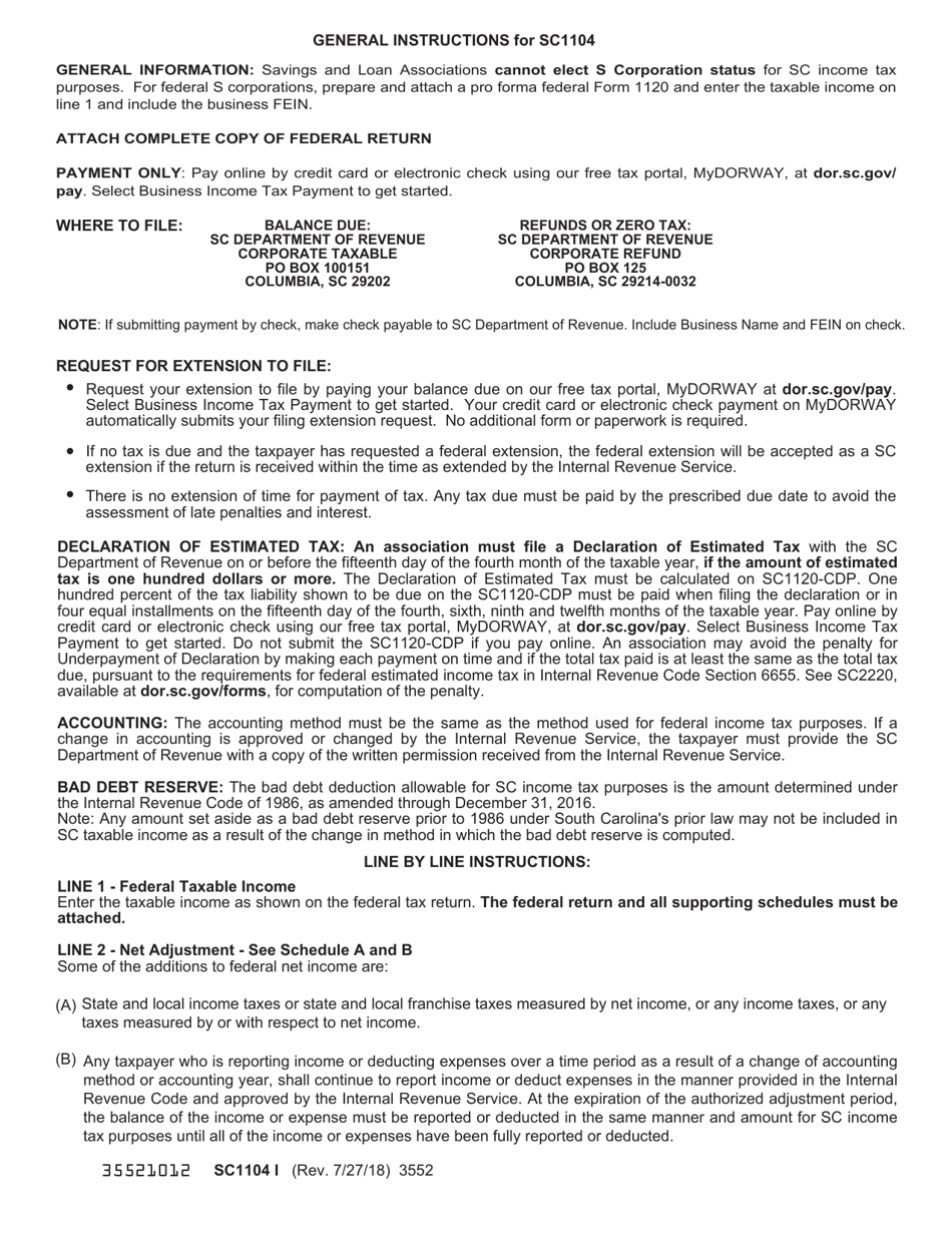 Form SC1104 Savings and Loan Association Tax Return - South Carolina, Page 3
