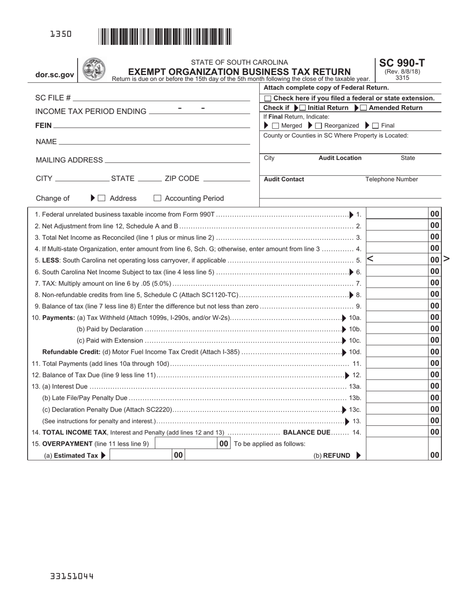 Form SC990-T Exempt Organization Business Tax Return - South Carolina, Page 1