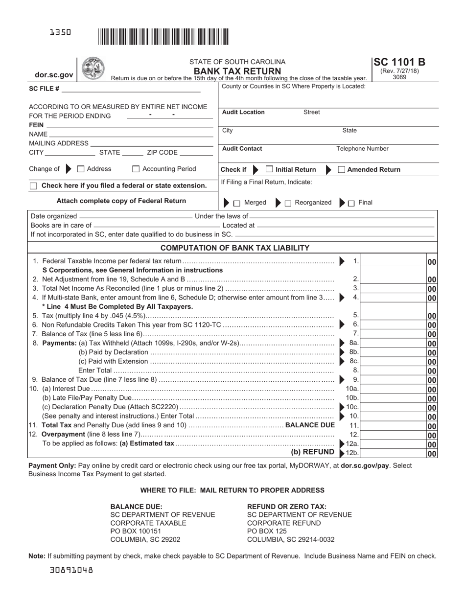 Form SC1101 B Bank Tax Return - South Carolina, Page 1