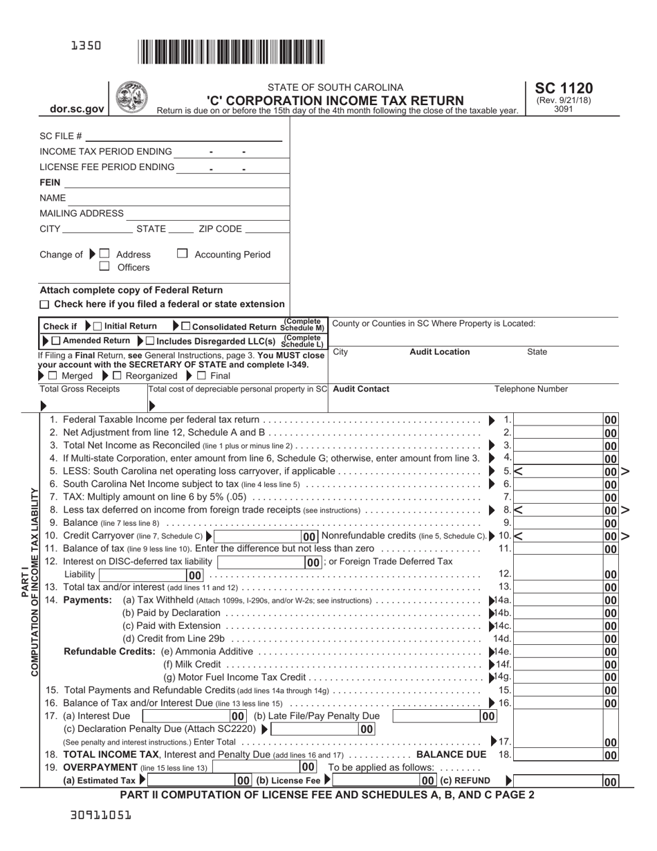 Form SC1120 c Corporation Income Tax Return - South Carolina, Page 1