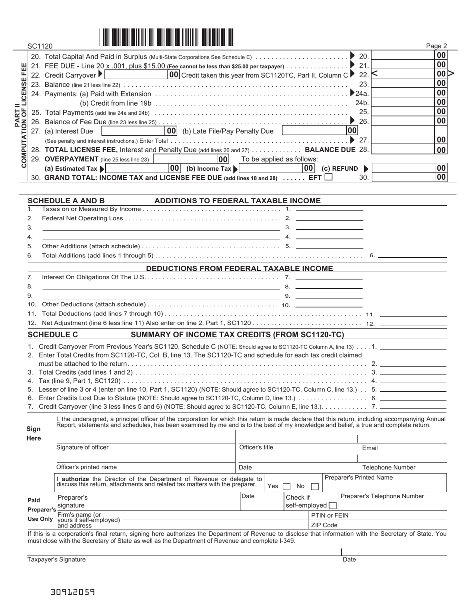 Form SC1120 c Corporation Income Tax Return - South Carolina, Page 2