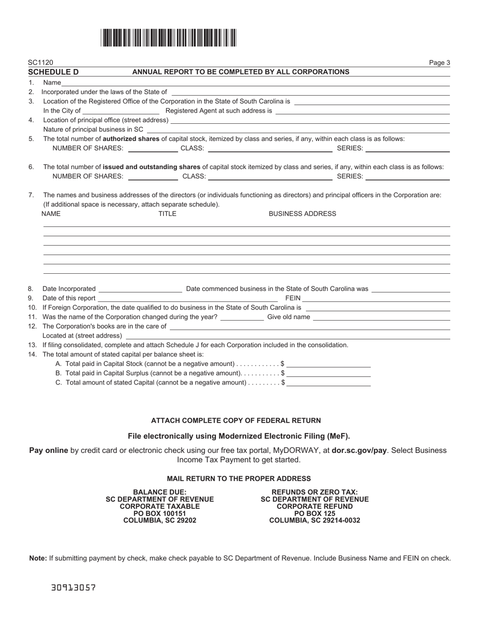Form SC1120 c Corporation Income Tax Return - South Carolina, Page 3