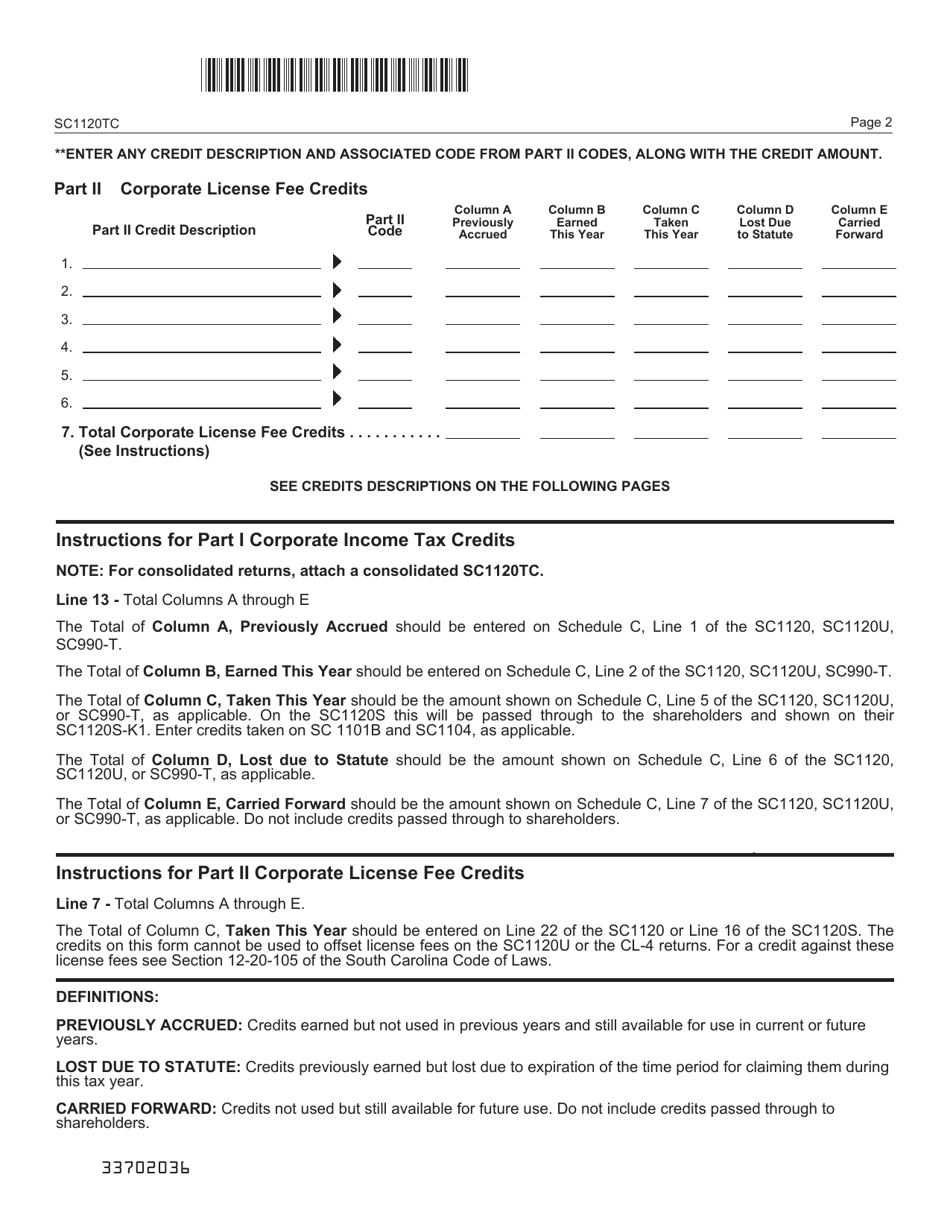 Form SC1120-TC Corporate Tax Credits - South Carolina, Page 2