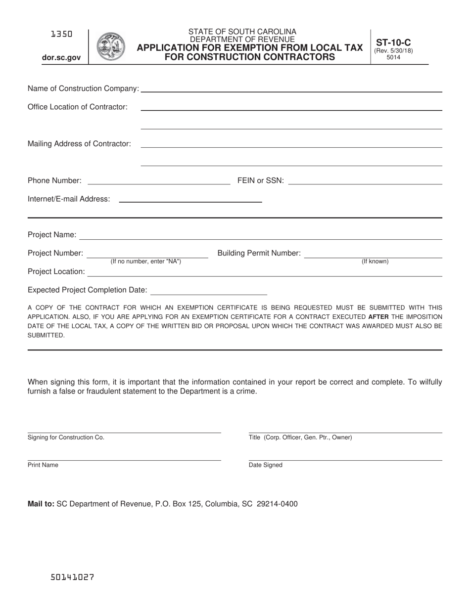 Form ST-10-C Application for Exemption From Local Tax for Construction Contractors - South Carolina, Page 1