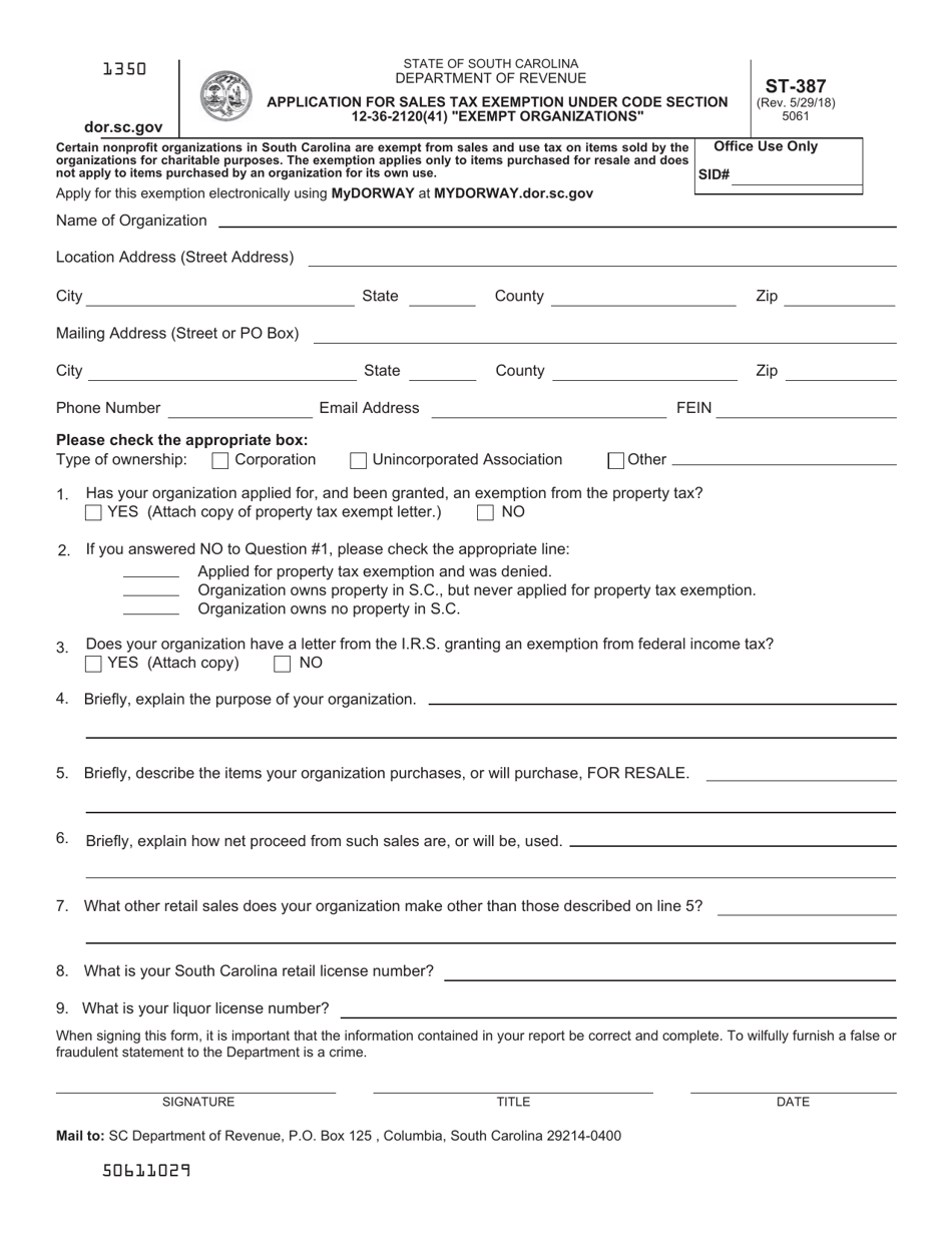 Form ST-387 Application for Sales Tax Exemption Under Code Section 12-36-2120(41), exempt Organizations - South Carolina, Page 1