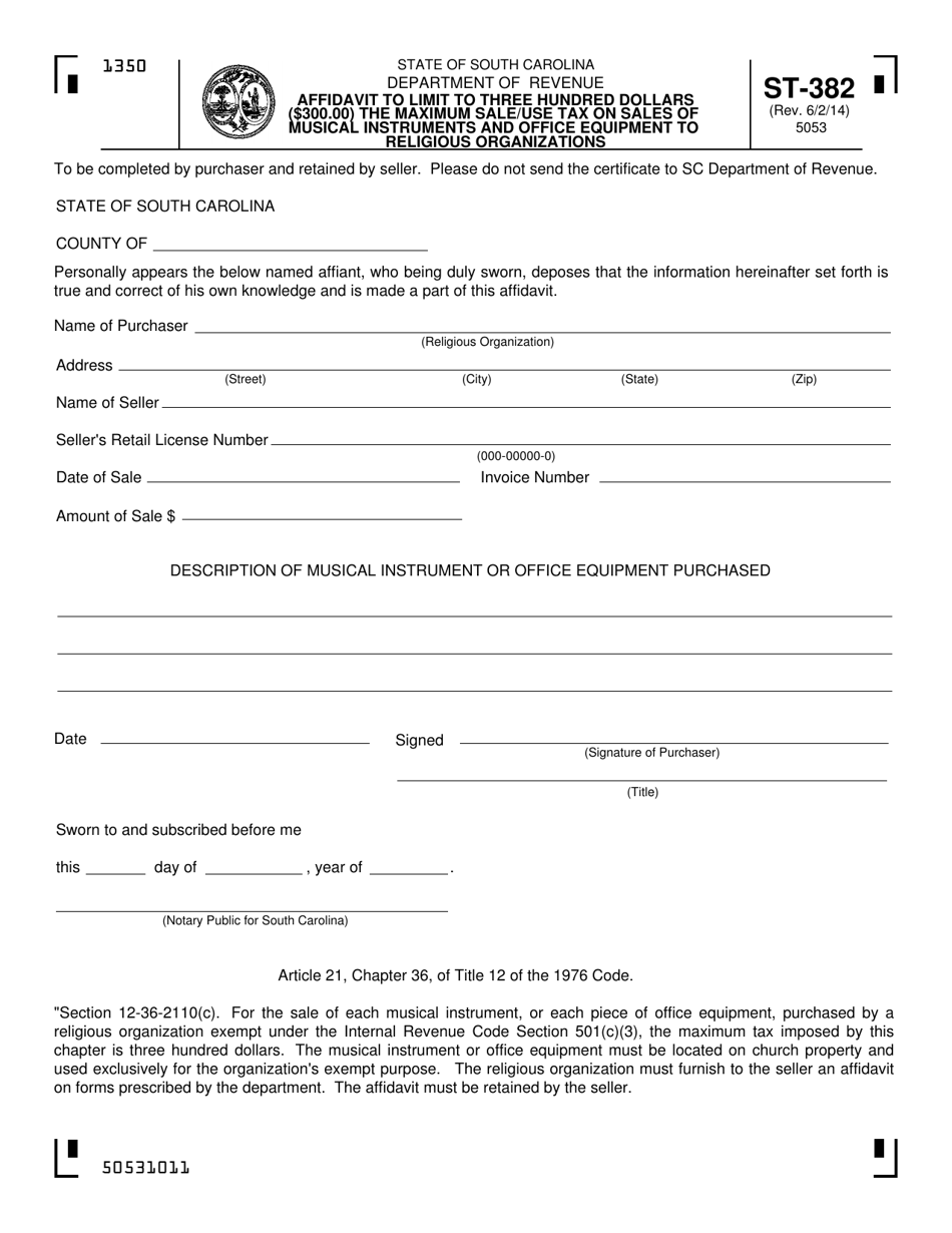 Form ST-382 Affidavit to Limit to Three Hundred Dollars the Maximum Sales / Use of Musical Instruments and Office Equipment to Religious Organizations - South Carolina, Page 1