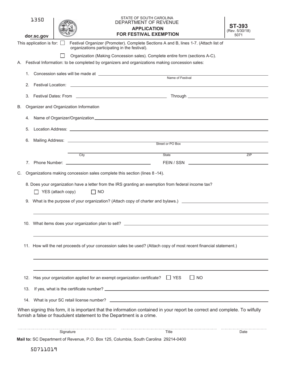 Form ST-393 Application for Festival Exemption - South Carolina, Page 1