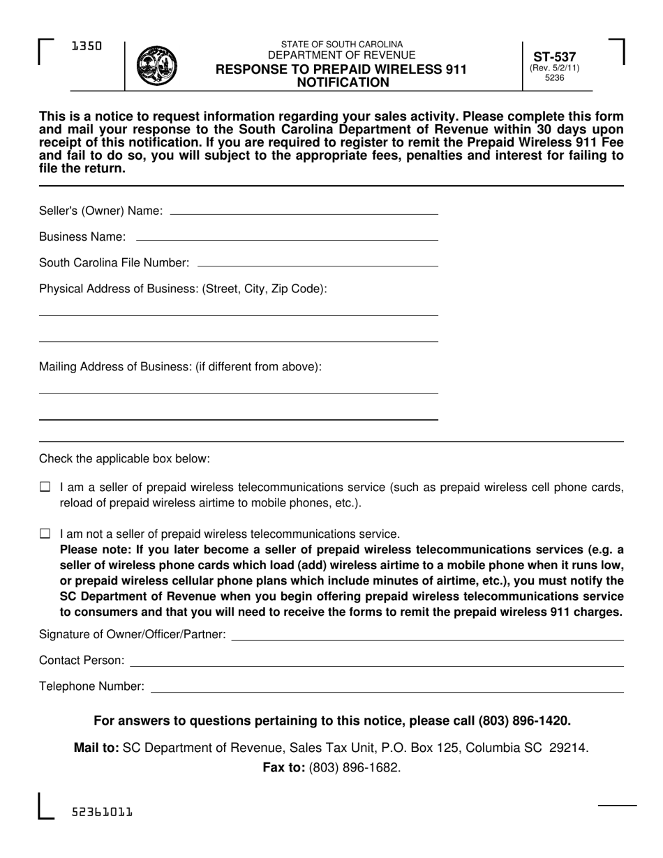 Form ST-537 Response to Prepaid Wireless 911 Charge Notice - South Carolina, Page 1