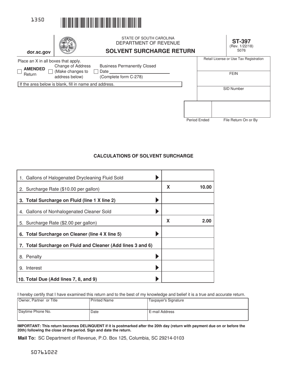 Form ST-397 Solvent Surcharge Return - South Carolina, Page 1
