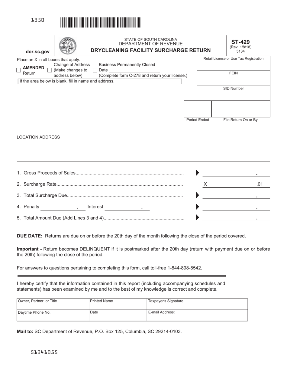 Form ST-429 Drycleaning Facility Surcharge Return - South Carolina, Page 1