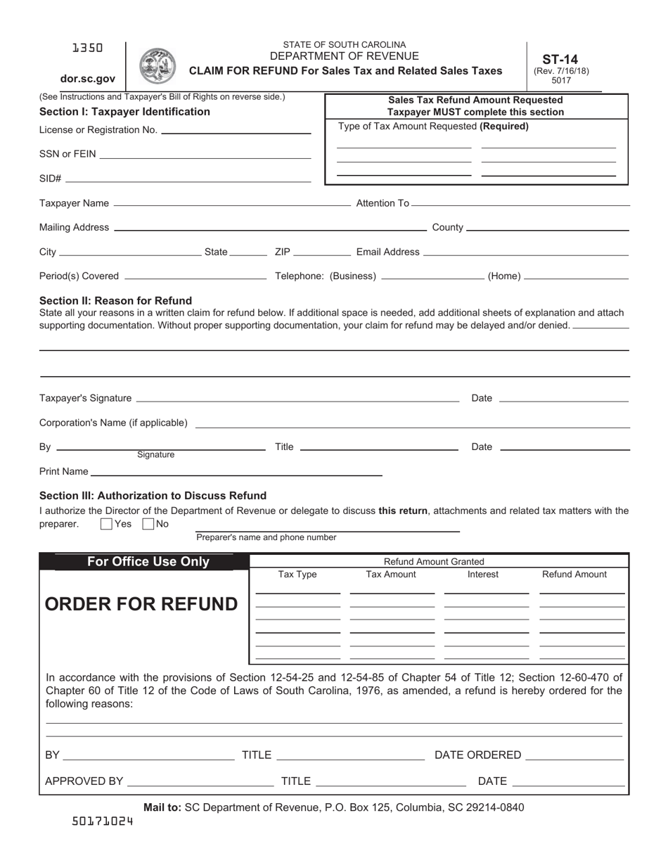 Form ST-14 Claim for Refund for Sales Tax and Related Sales Taxes - South Carolina, Page 1
