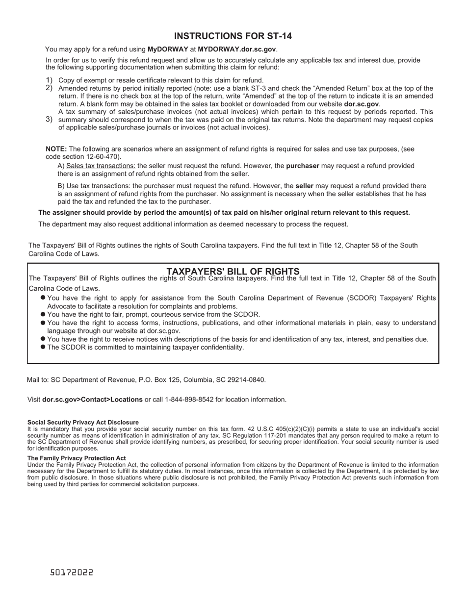 Form ST-14 Claim for Refund for Sales Tax and Related Sales Taxes - South Carolina, Page 2