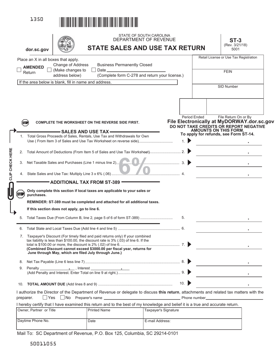 Form ST-3 State Sales and Use Tax Return - South Carolina, Page 1