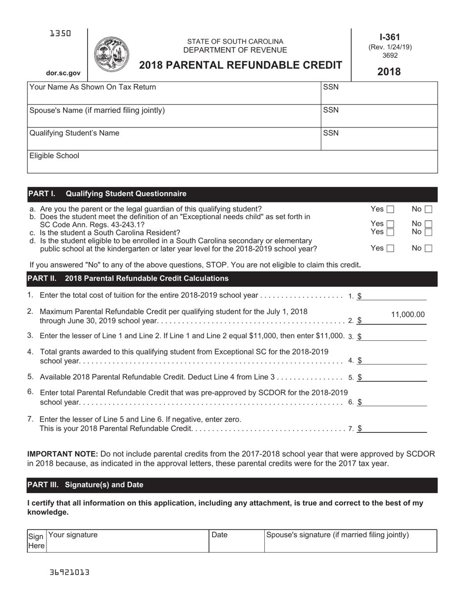 Form I-361 Parental Refundable Credit - South Carolina, Page 1