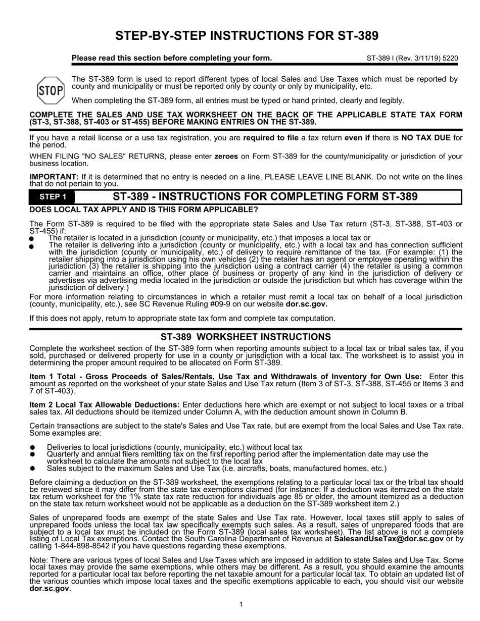 Instructions for Form ST-389 Schedule for Local Taxes - South Carolina, Page 1
