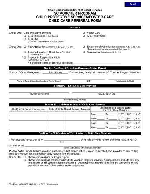 DSS Form 3004 Child Protective Services/Foster Care Child Care Referral Form - South Carolina