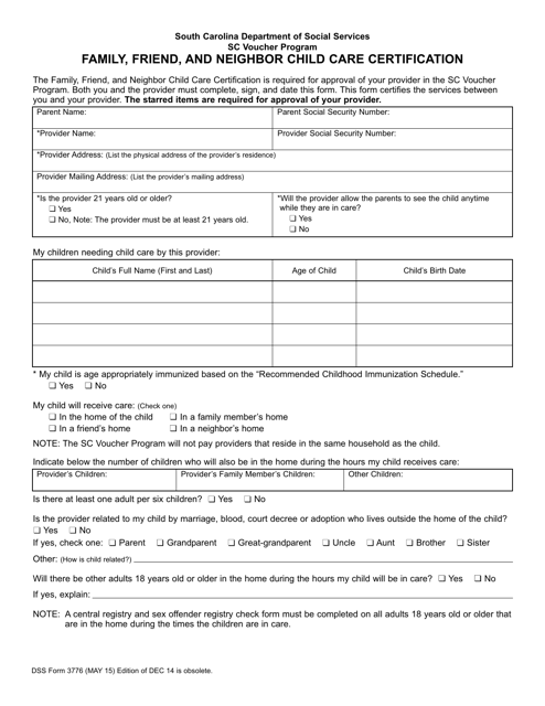 DSS Form 3776 Sc Voucher Program Family, Friend, and Neighbor Child Care Certification - South Carolina