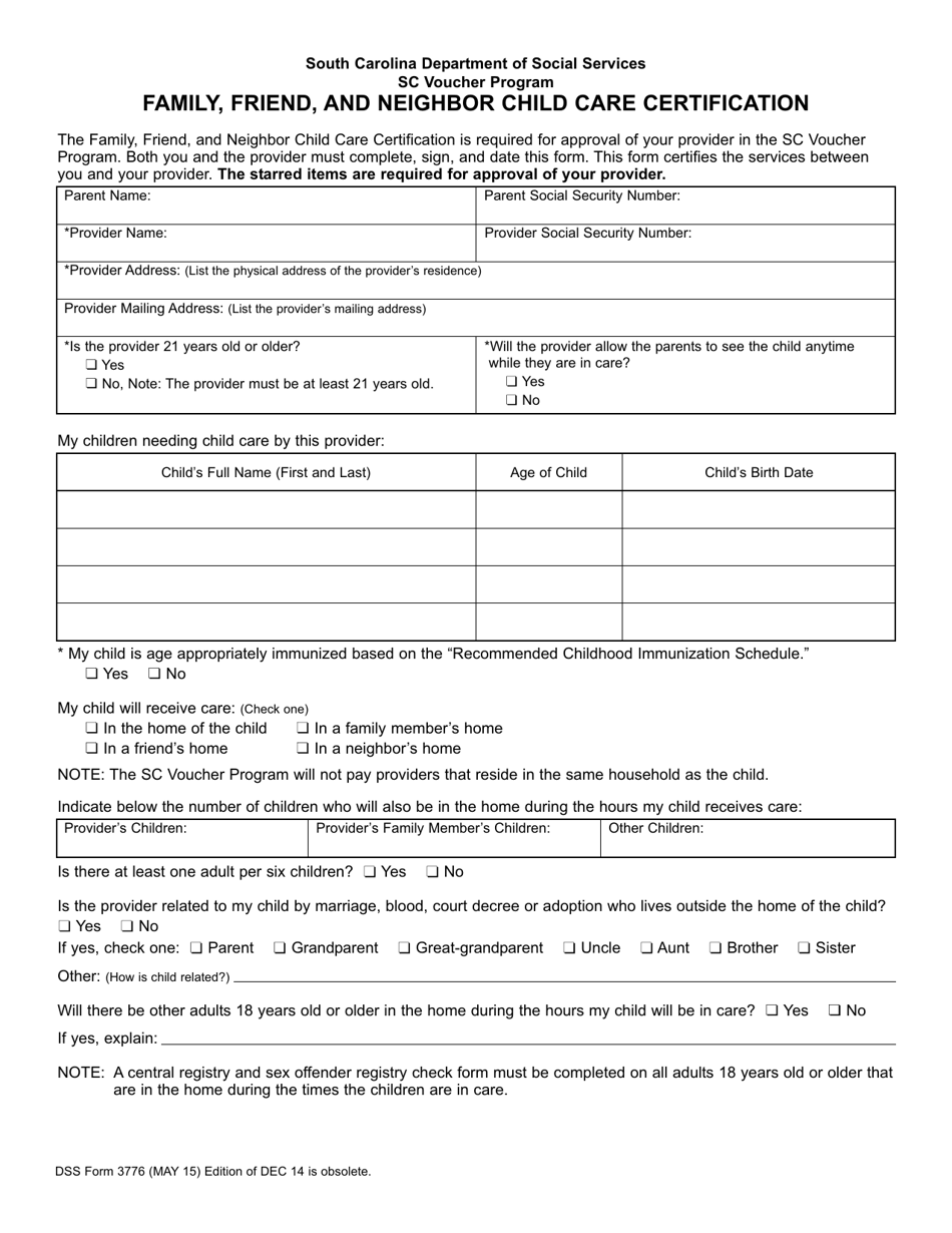 DSS Form 3776 Sc Voucher Program Family, Friend, and Neighbor Child Care Certification - South Carolina, Page 1