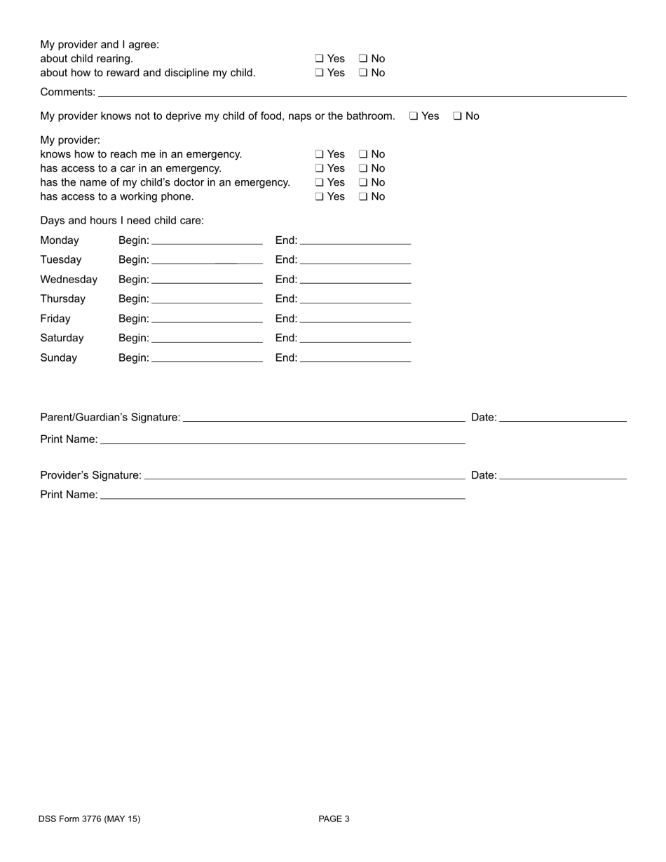 DSS Form 3776 Sc Voucher Program Family, Friend, and Neighbor Child Care Certification - South Carolina, Page 3