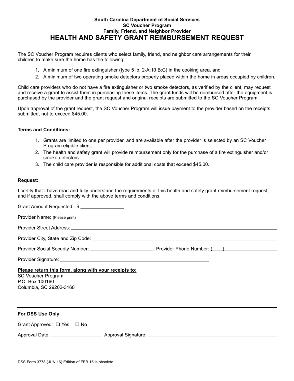 DSS Form 3778 Sc Voucher Program Family, Friend, and Neighbor Provider Health and Safety Grant Reimbursement Request - South Carolina, Page 1