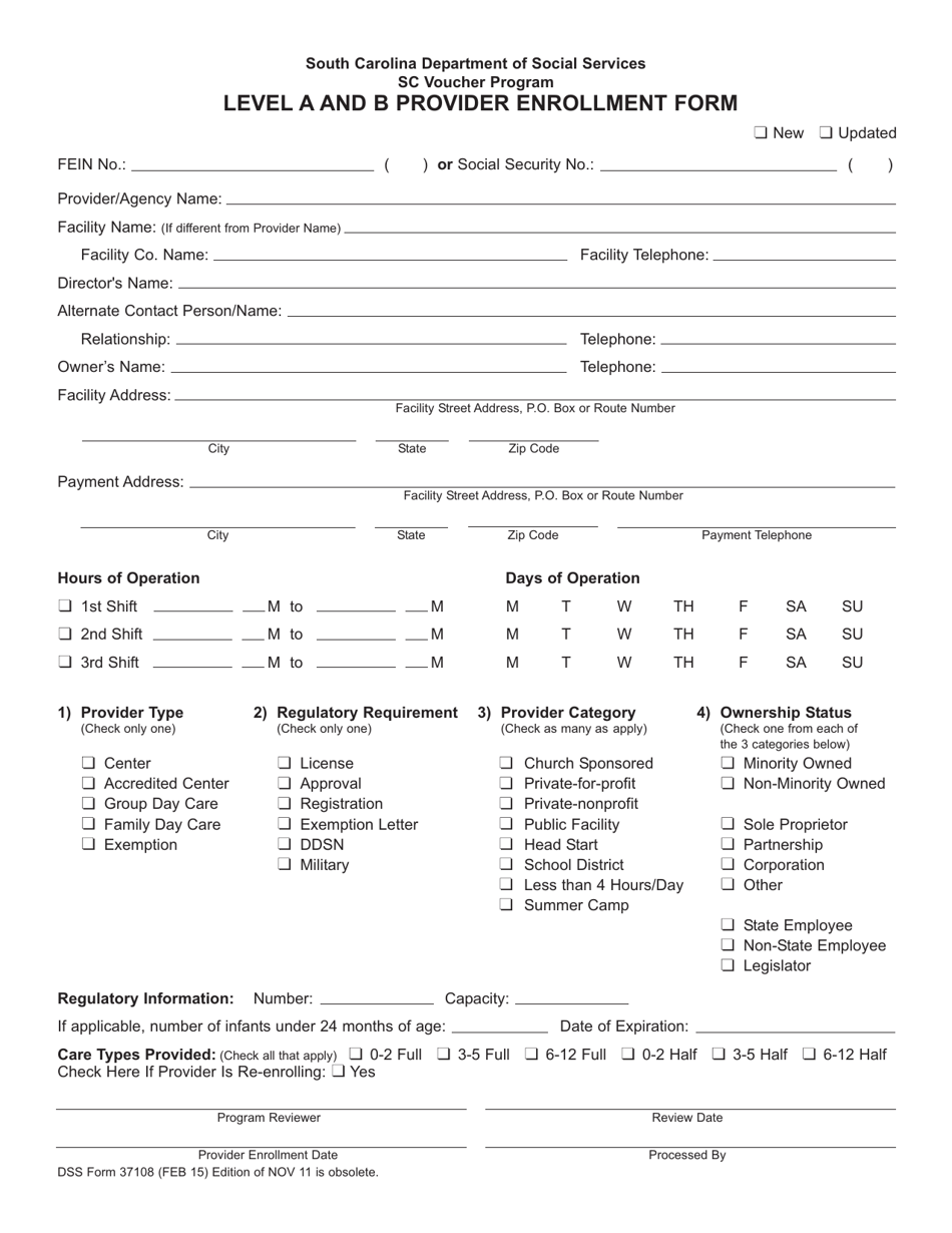 DSS Form 37108 Sc Voucher Program Level a and B Provider Enrollment Form - South Carolina, Page 1