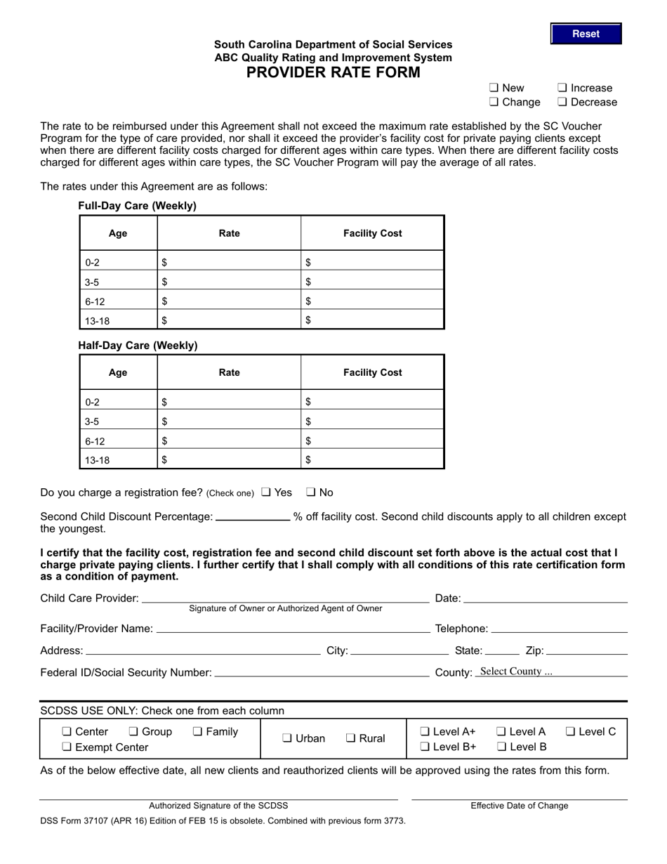 DSS Form 37107 Abc Quality Rating and Improvement System Provider Rate Form - South Carolina, Page 1