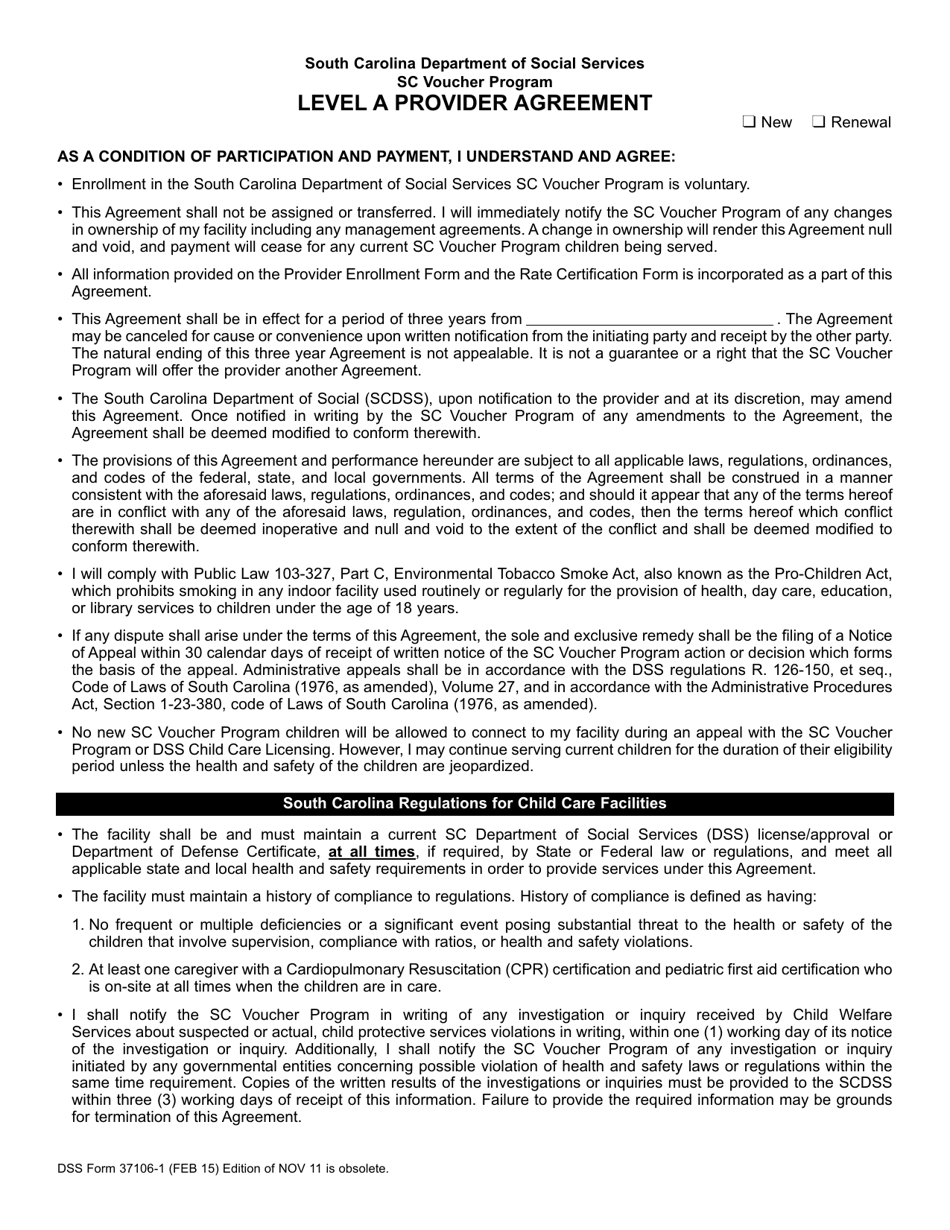 DSS Form 37106-1 Sc Voucher Program Level a Provider Agreement - South Carolina, Page 1
