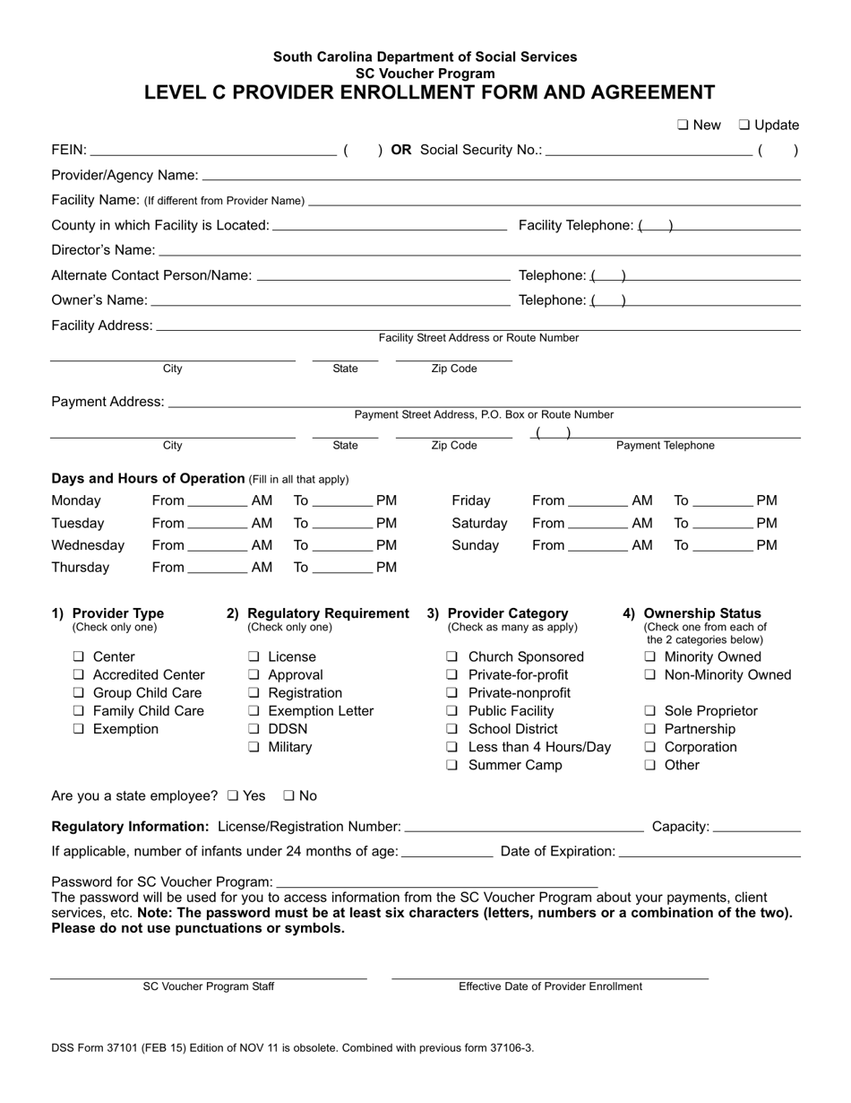 DSS Form 37101 Abc Child Care Program Level C Provider Enrollment and Agreement - South Carolina, Page 1