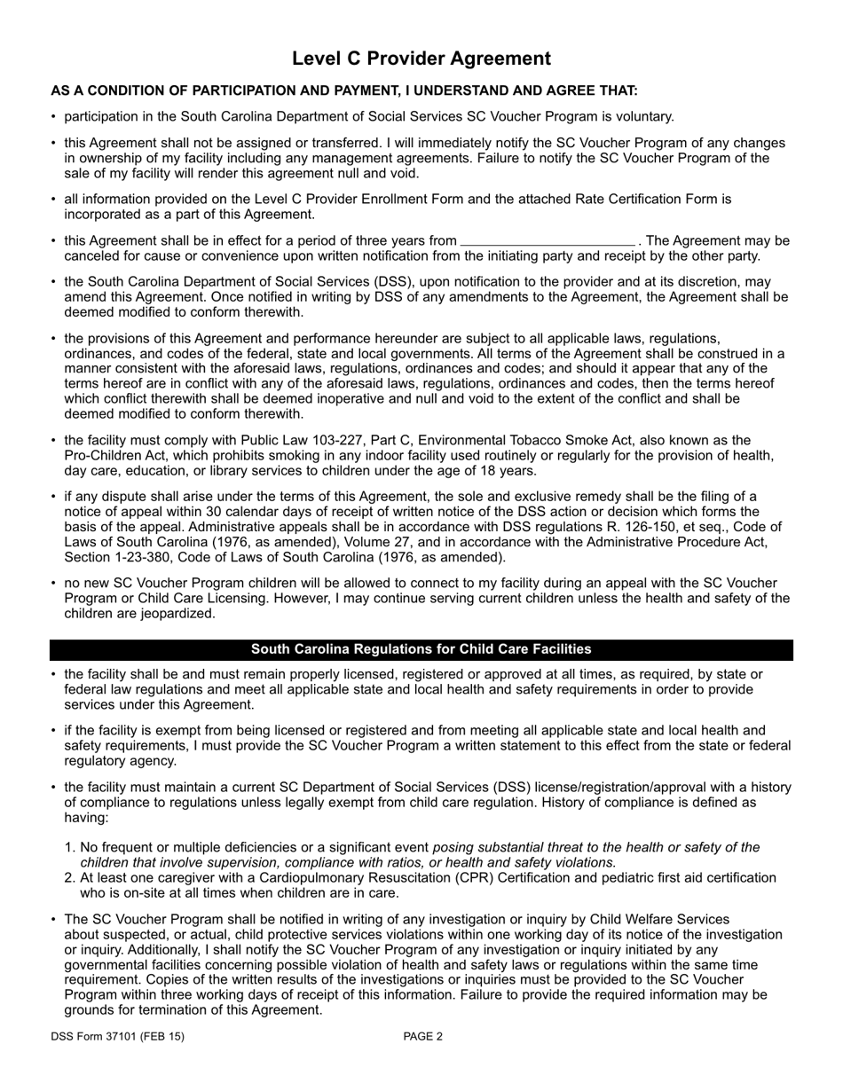 DSS Form 37101 Abc Child Care Program Level C Provider Enrollment and Agreement - South Carolina, Page 2