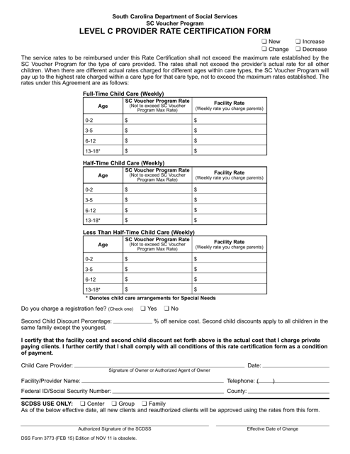 DSS Form 3773 Sc Voucher Program Level C Provider Rate Certification Form - South Carolina