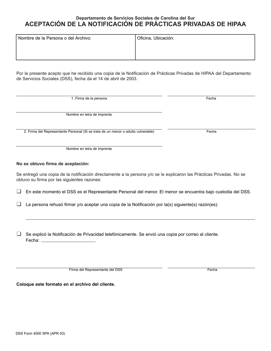 DSS Formulario 4000 SPA Aceptacion De La Notificacion De Practicas Privadas De Hipaa - South Carolina (Spanish), Page 1