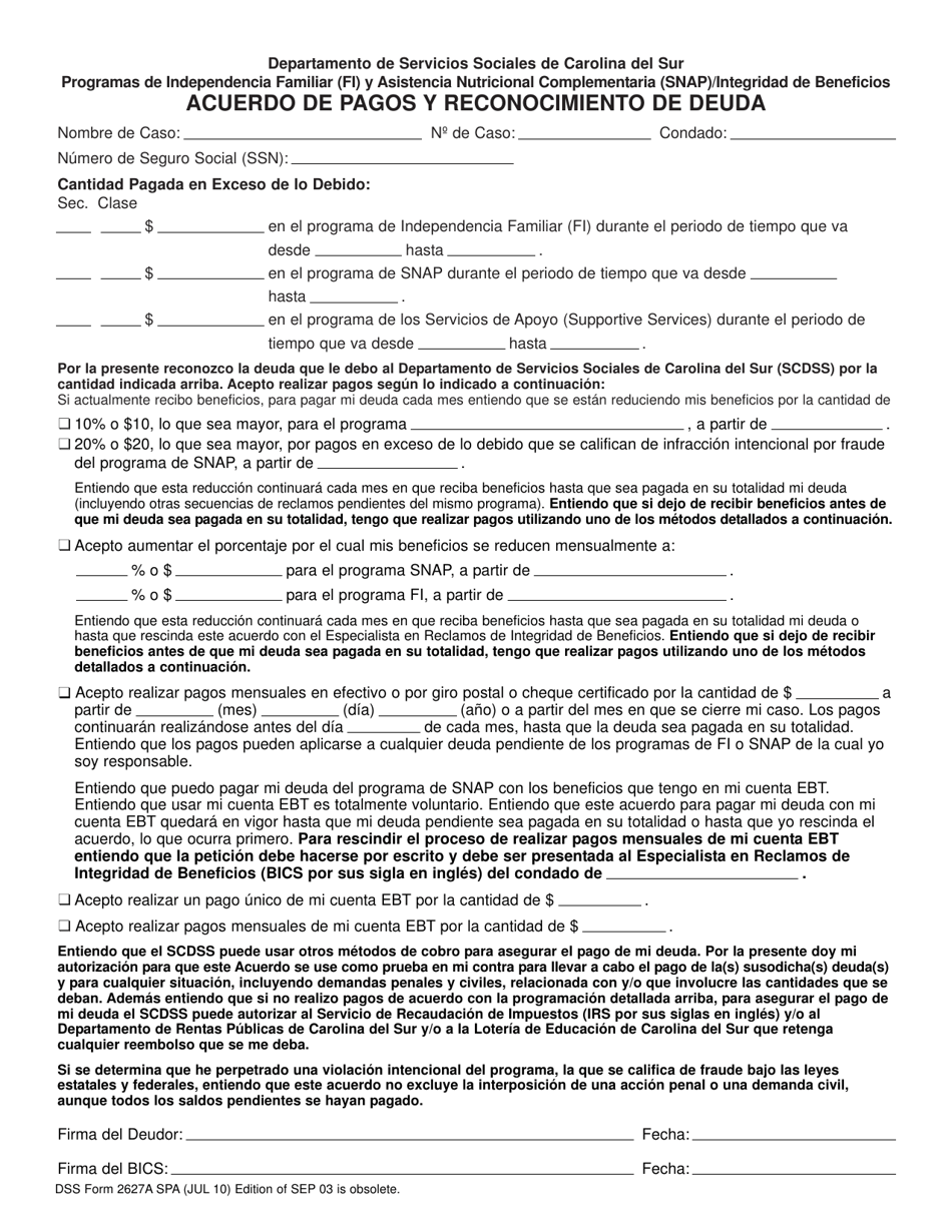 DSS Formulario 2627A Acuerdo De Pagos Y Reconocimiento De Deuda - South Carolina (Spanish), Page 1