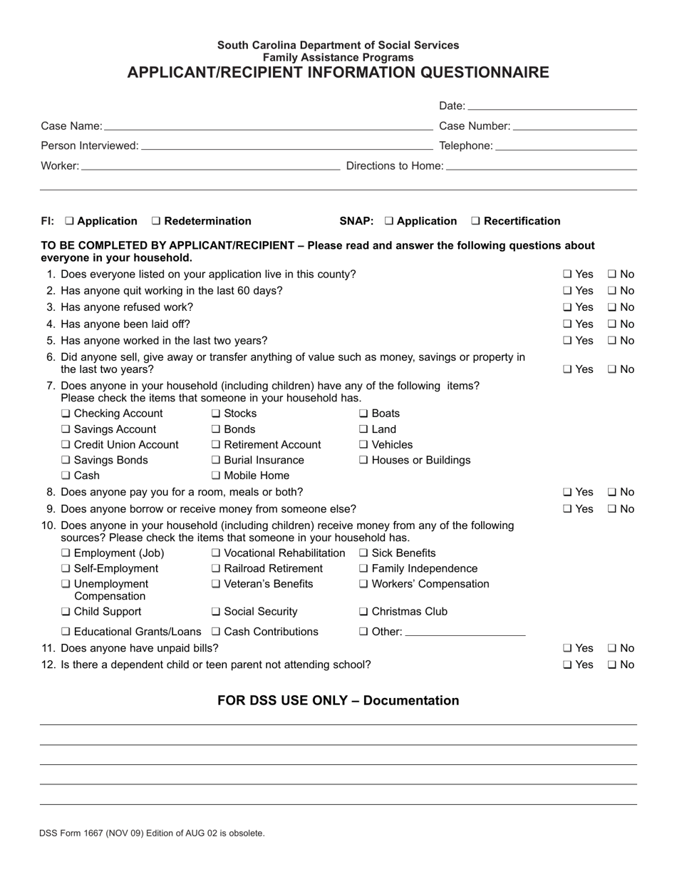DSS Form 1667 Applicant / Recipient Information Questionnaire - South Carolina, Page 1