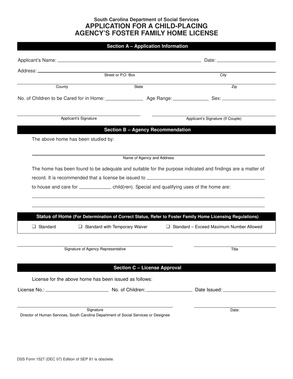 DSS Form 1527 Application for a Child-Placing Agency's Foster Family Home License - South Carolina, Page 1