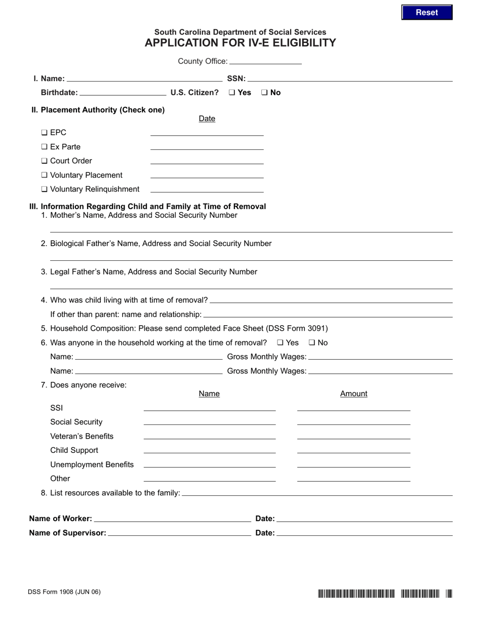 DSS Form 1908 Application for IV-E Eligibility - South Carolina, Page 1
