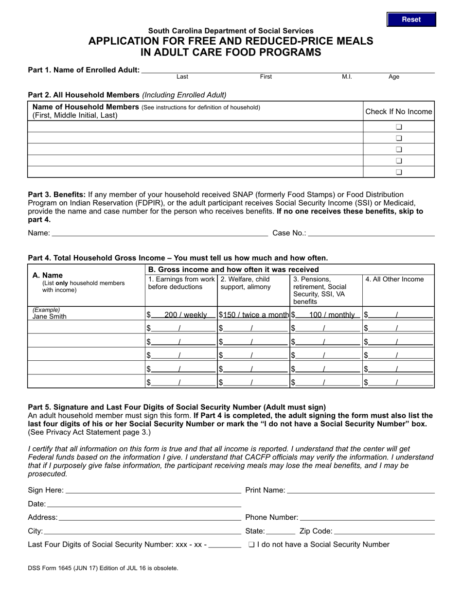DSS Form 1645 Application for Free and Reduced-Price Meals in Adult Care Food Programs - South Carolina, Page 1