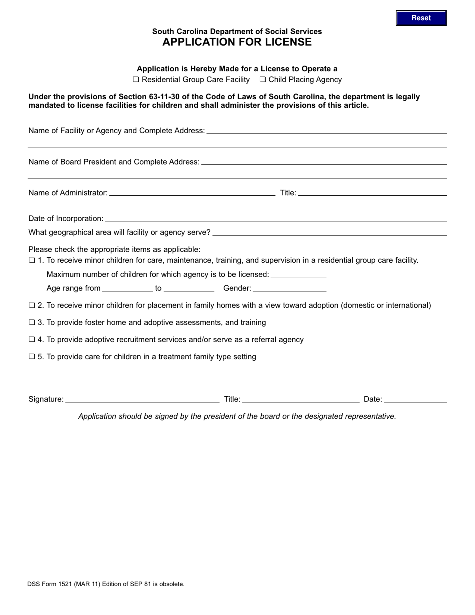 DSS Form 1521 Application for License - South Carolina, Page 1