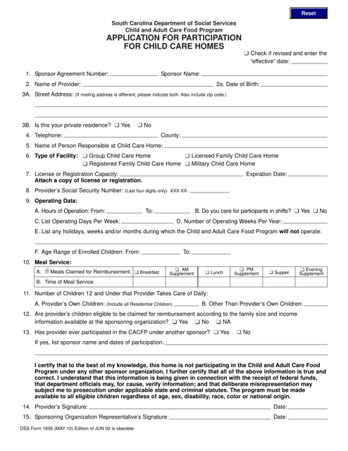 DSS Form 1606 Application for Participation for Child Care Homes - South Carolina