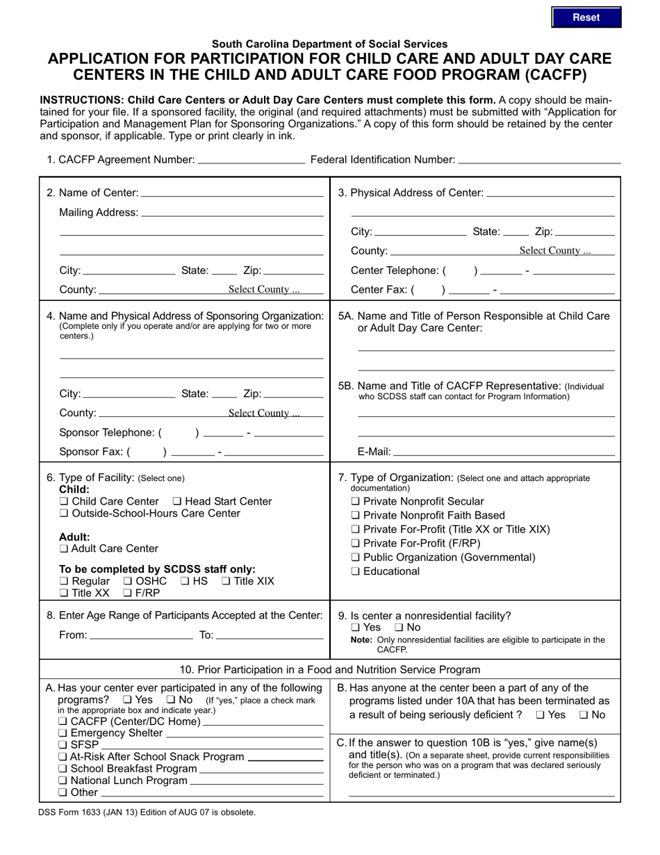 DSS Form 1633 Application for Participation for Child Care and Adult Day Care Centers in the Child and Adult Care Food Program (CACFP) - South Carolina, Page 1