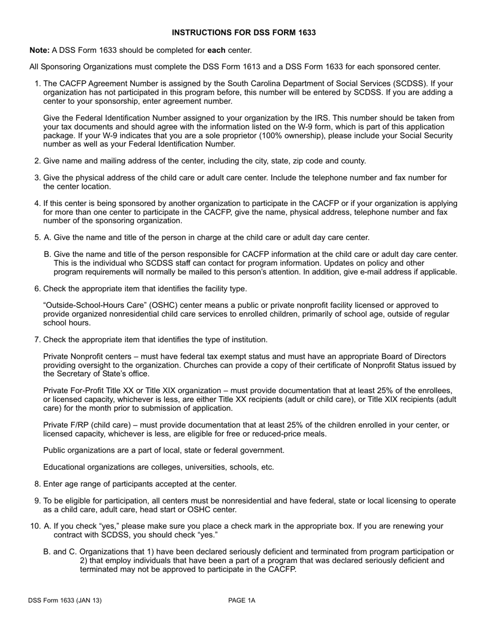 DSS Form 1633 Application for Participation for Child Care and Adult Day Care Centers in the Child and Adult Care Food Program (CACFP) - South Carolina, Page 2