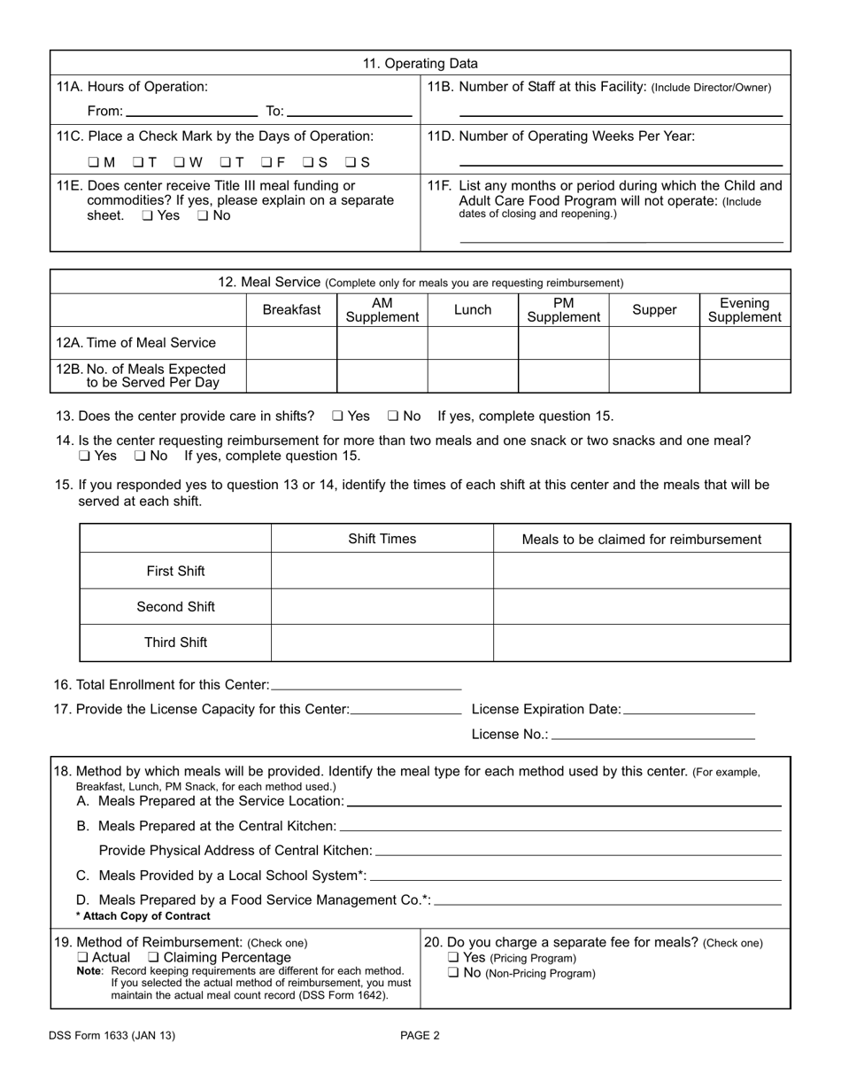 DSS Form 1633 Application for Participation for Child Care and Adult Day Care Centers in the Child and Adult Care Food Program (CACFP) - South Carolina, Page 3