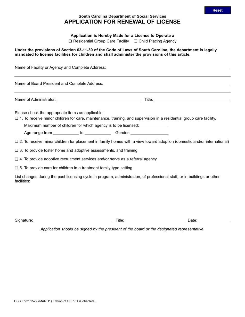 DSS Form 1522 Application for Renewal of License - South Carolina, Page 1