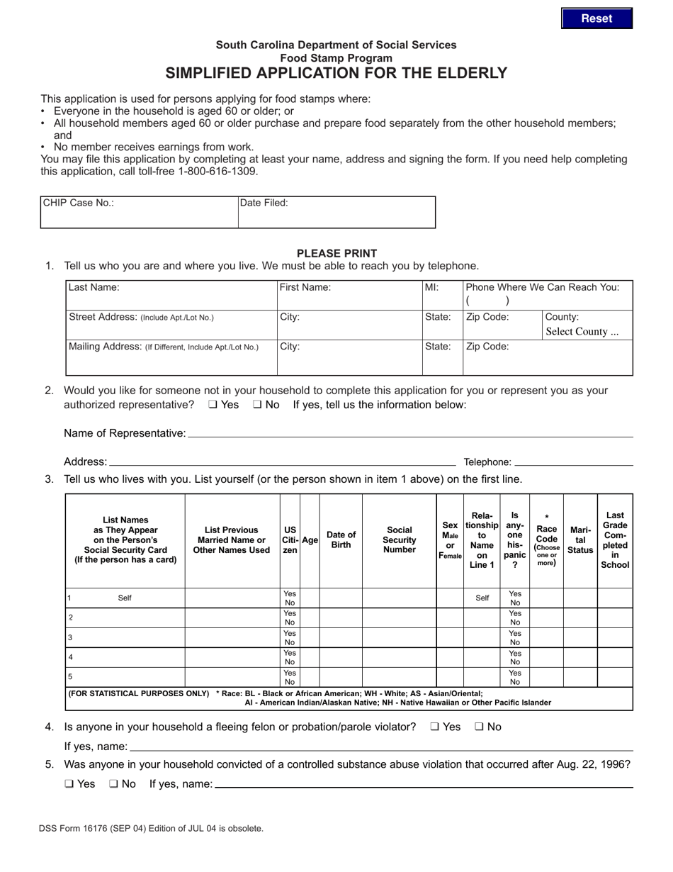 DSS Form 16176 Simplified Application for the Elderly - South Carolina, Page 1