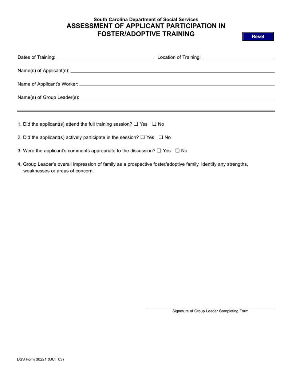 DSS Form 30221 Assessment of Applicant Participation in Foster/Adoptive Training - South Carolina, Page 1
