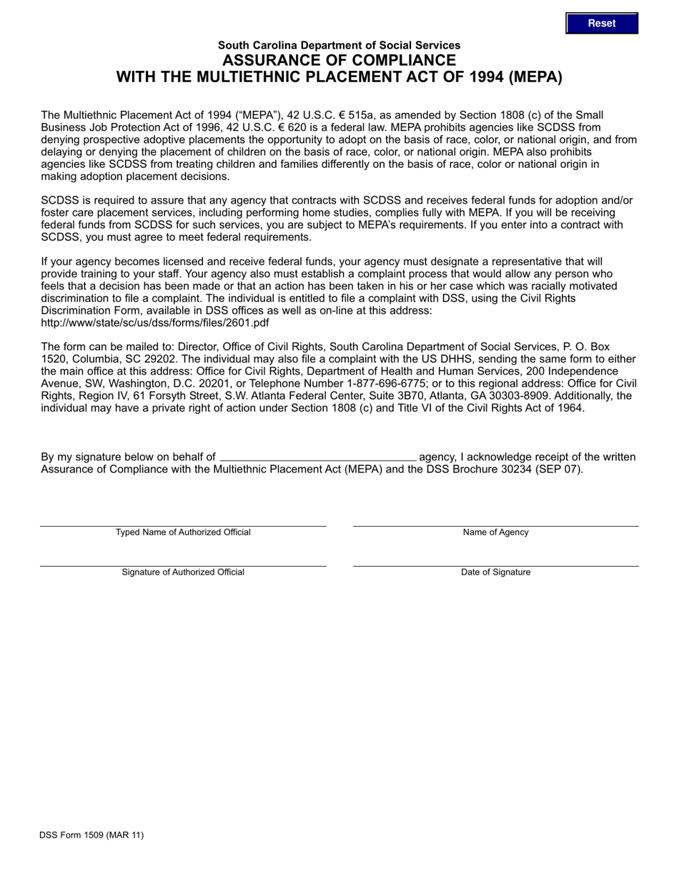DSS Form 1509 Assurance of Compliance With the Multiethnic Placement Act of 1994 (Mepa) - South Carolina, Page 1